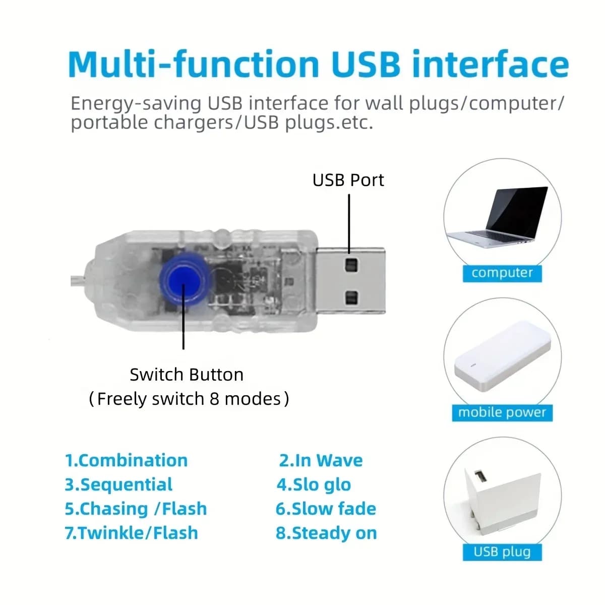 USB LED Şelale Peri Işıkları, Sıcak Beyaz ve Renkli
