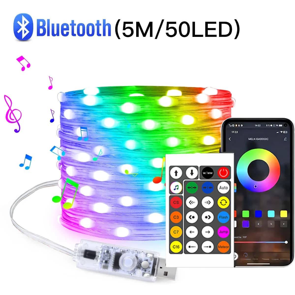 USB Bluetooth Kumandalı Renkli LED Peri Işıkları