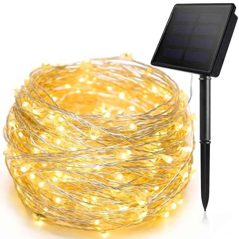100 LED Güneş Enerjili Bakır Tel Işık Dizisi, Dış Mekan Su Geçirmez